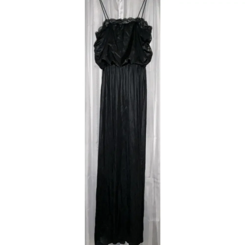 Vintage Deena Elegant Black Silky Nightgown Empire Waist Floral Lace Bodice Sz S